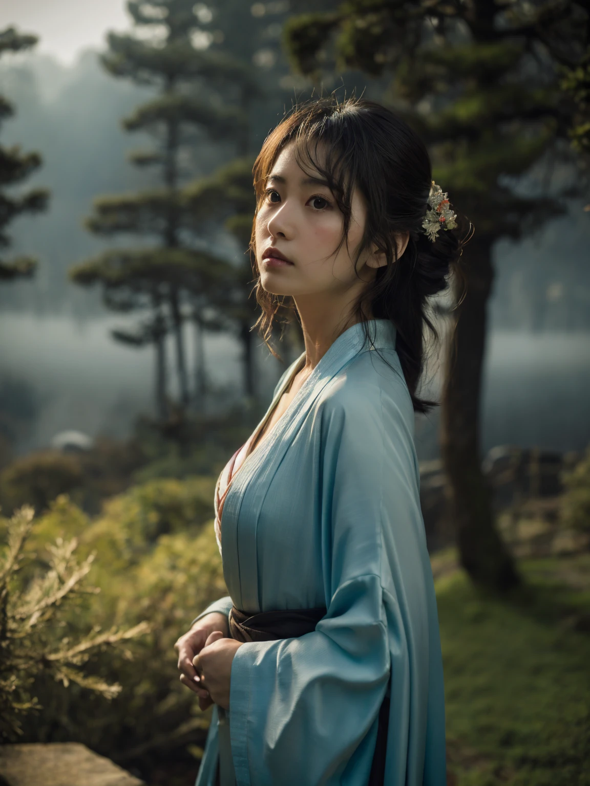 Beautiful woman、Japanese tradition、Very large breasts、kimono、Spectacular views、Suspicious atmosphere、Cinematic atmosphere、(best quality,4K,8K,highres,masterpiece:1.2),ultra-detailed,(realistic,photorealistic,photo-realistic:1.37)、Dim lighting、whole body、forest、forest、looking at the camera、Sad expression、Apparition、low angle、grow、fog、(Watching the audience)