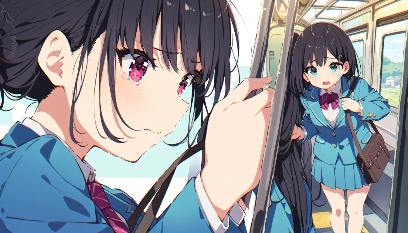 A middle-aged molester is touching the lower body of a crying girl with short black hair and small breasts, wearing a blazer and uniform, who is standing on a train and holding onto a strap.、From head to toe