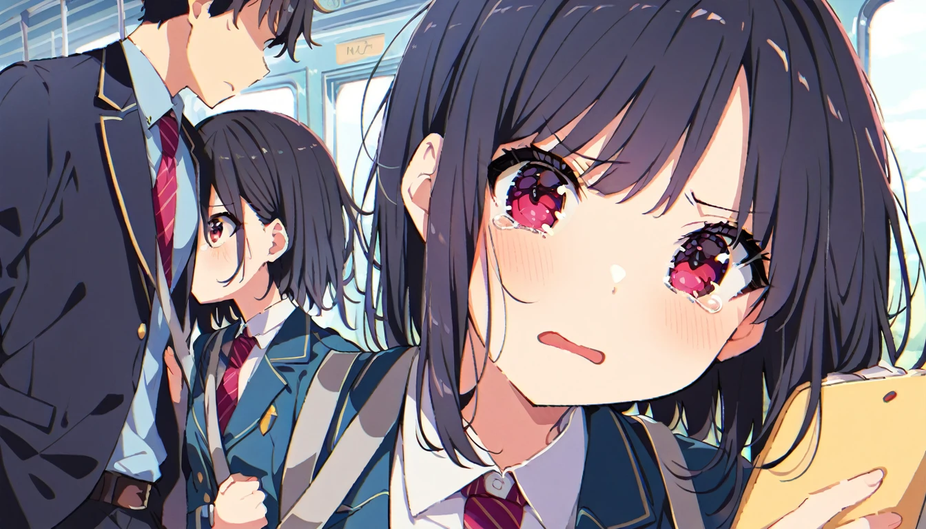A middle-aged man is touching the buttocks of a crying girl in a blazer uniform with black bob hair from behind while she is holding on to the handrail of a train