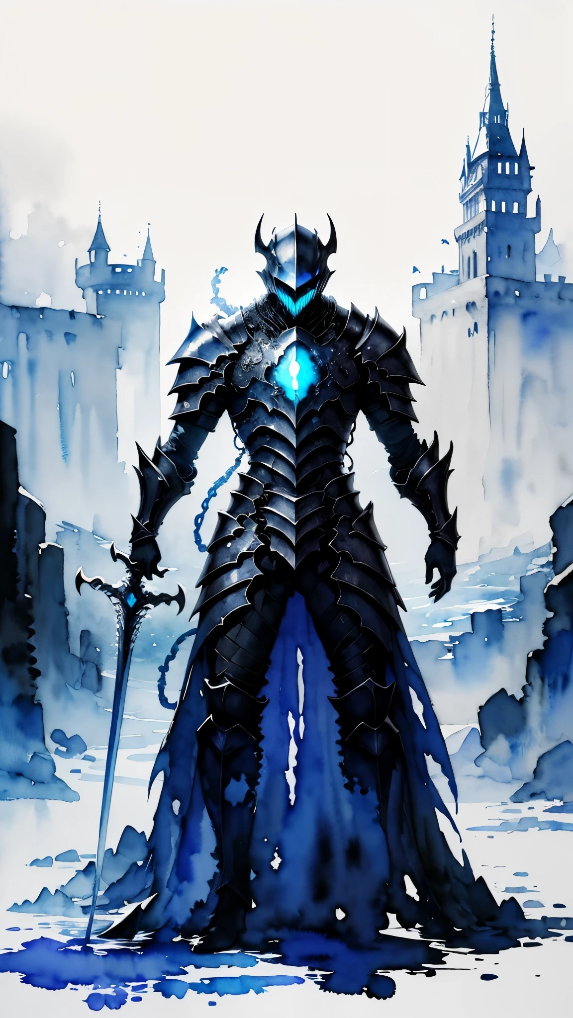 (masterpiece:1.2),(Highest quality),(Very detailedな),(Ultra-high resolution),8K,Vast landscape photography,(Dark Souls Style),((watercolor)),(The Abyss Knight stands),Abyssal Sword,Abyssal Armor,Abyssal Shield,(One person: 1.5),Very detailed,The background is a gradient of black, blue and grey,The very deep darkness,Castle of Darkness,((hands)),((透明watercolor)),colorful