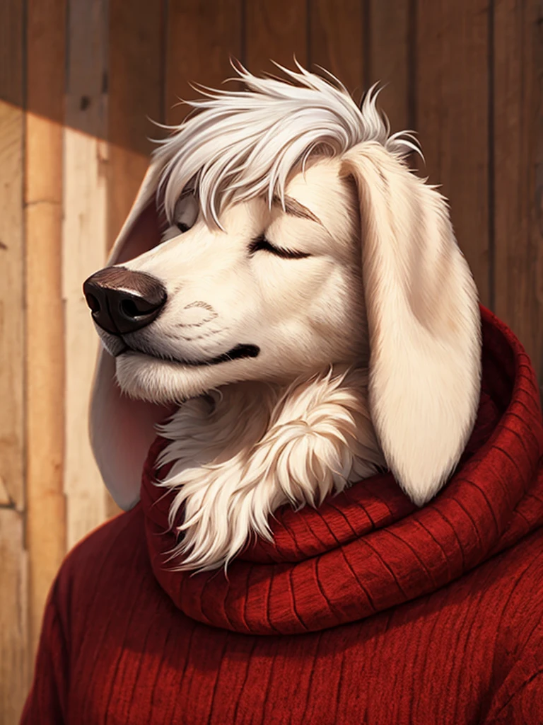 happy male white dog with floppy ears, white hair covering eyes, red sweater, black jeans, 8k, high detail, film grain, semi realistic