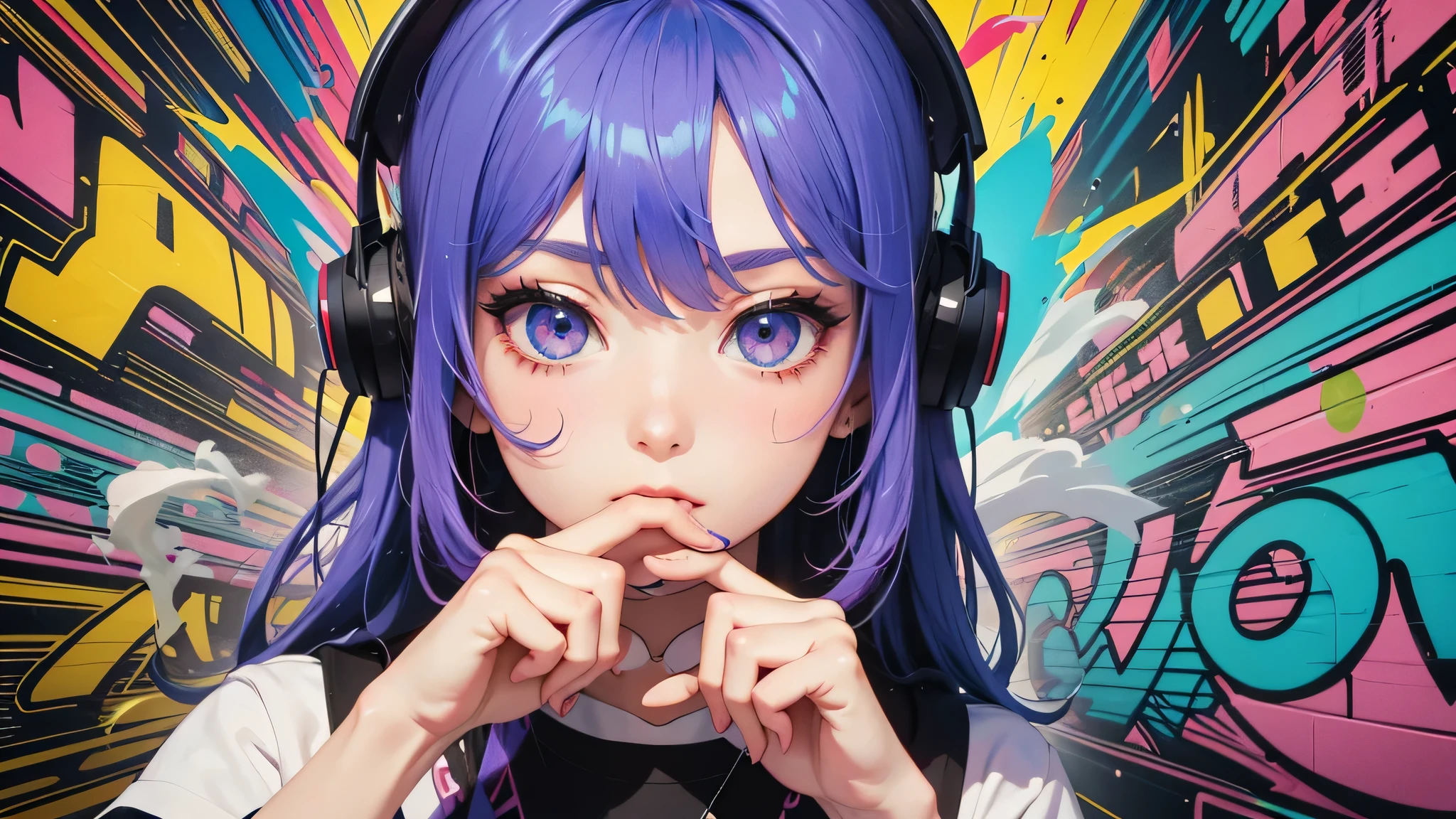 art poster, extra close-up, graffiti DJ's girl dance on a chair with a DJ's girl in her hand, graffiti art inspired by Tadanori Yokoo, pixiv, shock art, vivid colorful comic style, graffiti _ background ( smoke ), striking manga artstyle, anime style 4 k, graffiti art style, vibrant cartoon art, vivid colorful comics style, 2 d anime style, graffiti style, in graffiti style