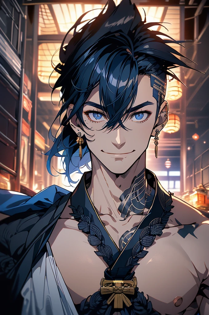 1 man, very tall, muscular, navy blue hair in a mohawk, with his crest being black, gray eyes, several Japanese tattoos, (Clothes: navy blue kimono, large earrings), in a medieval Japanese kitchen, slutty smile, face of rape, eyes shining in excitement, the night