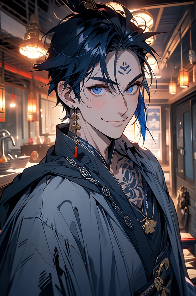 1 man, very tall, muscular, navy blue hair in a mohawk, with his crest being black, gray eyes, several Japanese tattoos, (Clothes: navy blue kimono, large earrings), in a medieval Japanese kitchen, slutty smile, face of rape, eyes shining in excitement, the night