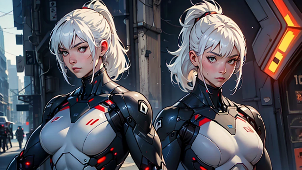 Beautiful cybernetic girl detailed muscles realistic masterpieces full figure pose (best quality,ultra-detailed), white hair in ponytail, fair skin, fit body, slim figure, narrow waist, (cocky expression), black carbon fiber cybernetic mobile combat suit