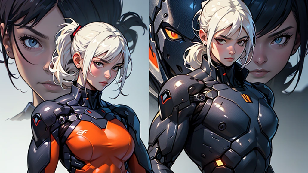 Beautiful cybernetic girl detailed muscles realistic masterpieces full figure pose (best quality,ultra-detailed), white hair in ponytail, fair skin, fit body, slim figure, narrow waist, black carbon fiber cybernetic mobile combat suit, several different facial expressions
