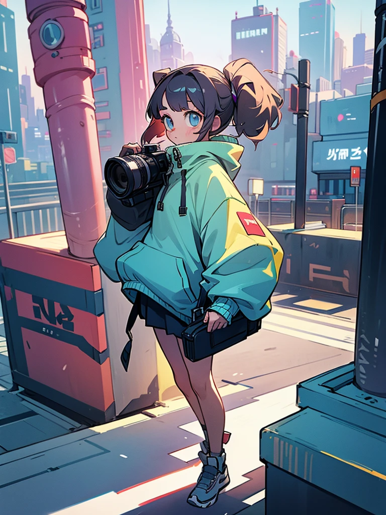 A girl dressed in a long sweatshirt walks forward through the city. The camera is located from bottom to top