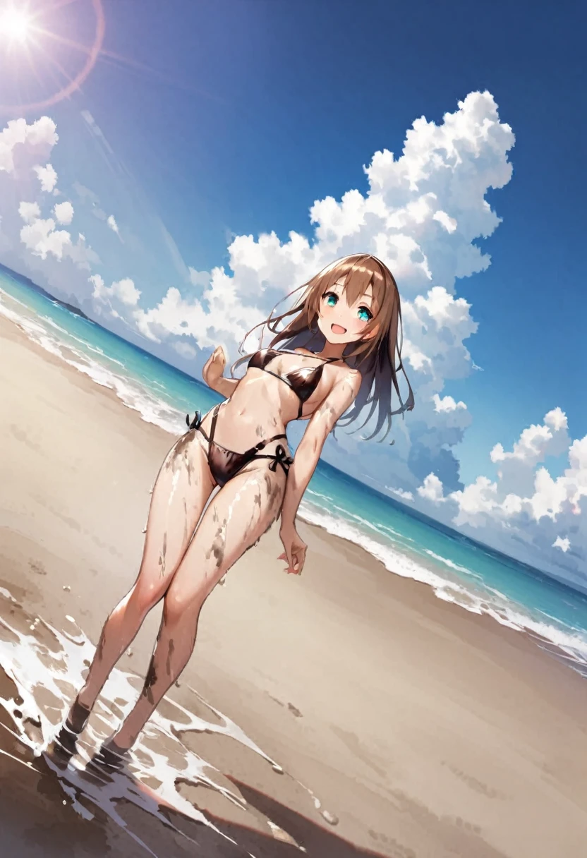 tideland、Covered in mud、Tiny bikini swimsuit in white、Thighs、Butt、Dynamic Angle、Seaside、Sandy Beach、、smile、sunlight、Both eyes open
