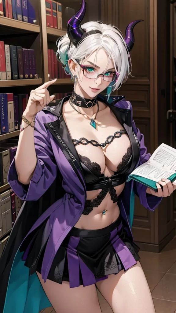 8k, masterpiece, best quality, highly detailed, 1 girl, tiefling, warlock, multicolored hair, very short straight hair green highlight hair on white hair, strippled hair, wearing glasses, round glasses, earrings, red eyeshadow, long eyelashes,navel piercing, blushed cheek, necklace, collarbone, high heels, mole, glamorous, purple and teal clothing, villainy, smirk, seductive face, fullbody view, rings, looking at viewer, standing, demon horns, solo, hand touching cheek, library, black lace gloves, holding book, miniskirt.