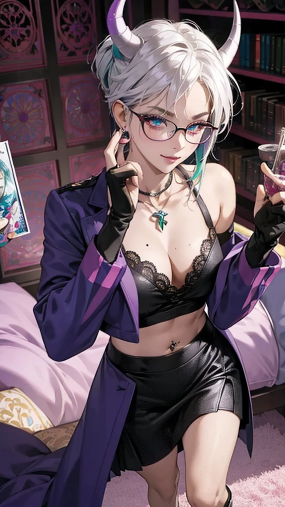8k, masterpiece, best quality, highly detailed, 1 girl, tiefling, warlock, multicolored hair, very short straight hair green highlight hair on white hair, strippled hair, wearing glasses, round glasses, earrings, red eyeshadow, long eyelashes,navel piercing, blushed cheek, necklace, collarbone, high heels, mole, glamorous, purple and teal clothing, villainy, smirk, seductive face, fullbody view, rings, looking at viewer, standing, demon horns, solo, hand touching cheek, library, black lace gloves, holding book, miniskirt.