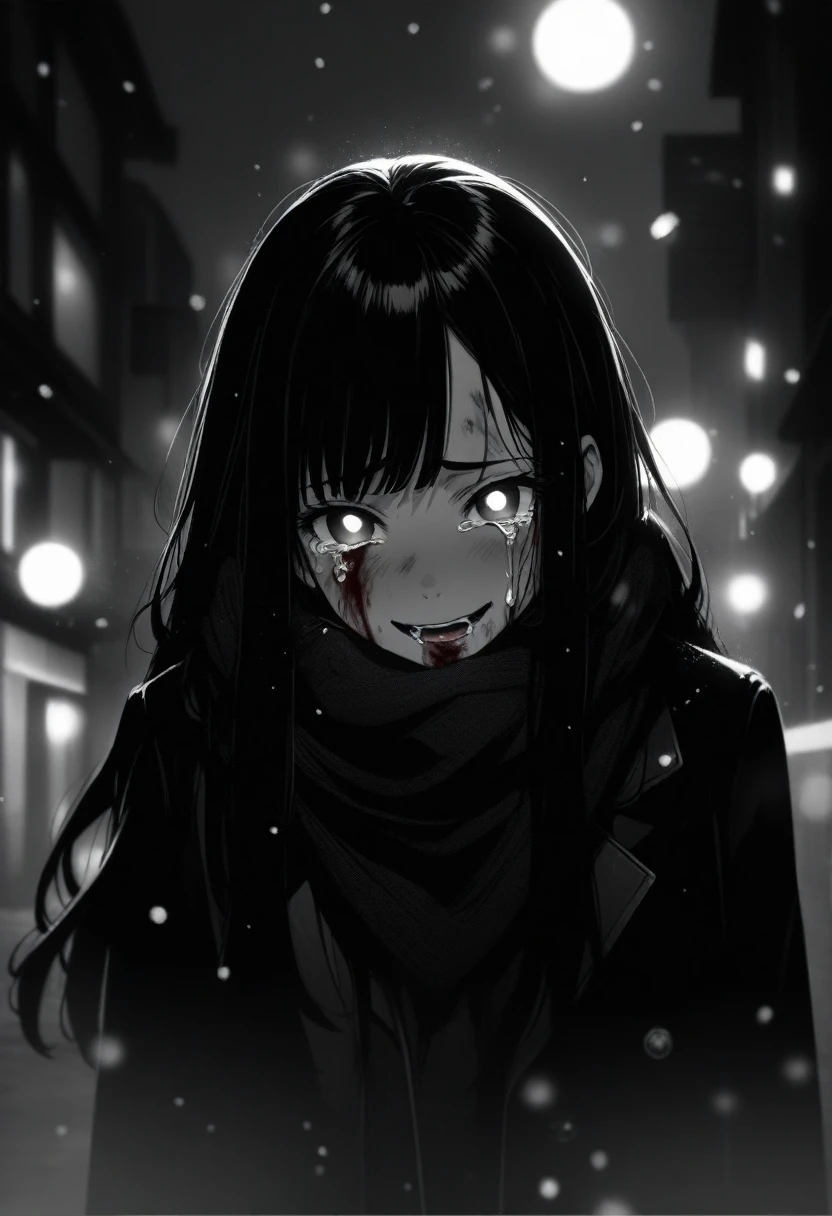masterpiece, best quality, 1girl, momose_(oqo) official art, grayscale, manga style, japanese, chi no wadachi, black eyes, glowing white pupils, street, iced, smile, black hair, schoolbag, crying, tears, tears streaming, blood, blood_from_mouth, bruise, nosebleed, lineart, face against the ground, looking at viewer, blood on face, black coat, black scarf, 35 years old, mature_female:1, tall, fair skinned, bokeh background, streaming, long hair, side bangs, top, light particles, centered, snowing, emotional anime scene, (very aesthetic, best quality, ultra detailed), intricate details, red and blue lights flashing,