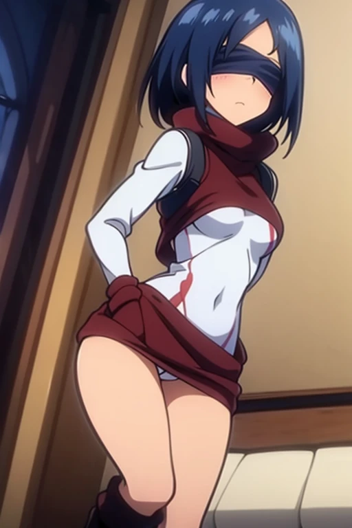 tennis girl in tight mini virgin killer sweater, rear butt anus, showing her anus, on her knees, wearing oven mittens tucked in pockets, blindfold