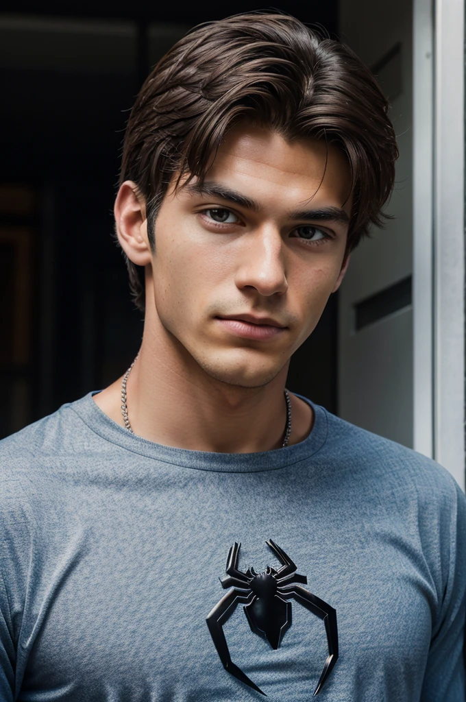 A photograph of spider man, no mask, 20 yo, handsome, detailed face, looking at camera, portrait, 8k uhd, high quality
