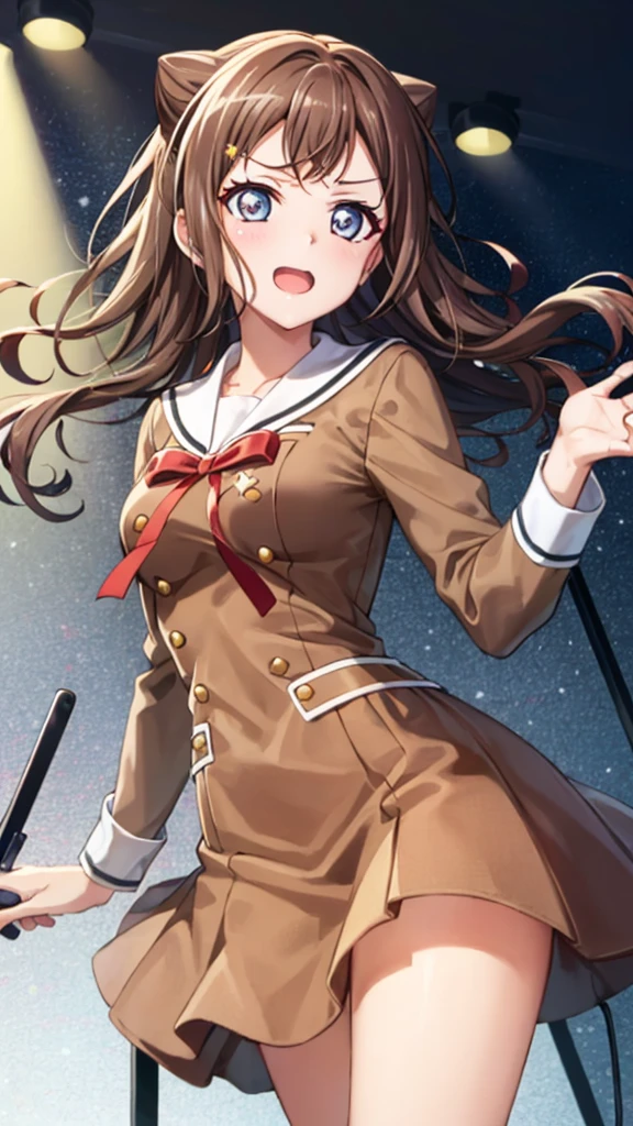 {{{masterpiece}}}, {{{best quality}}}, {{ultra-detailed}}, {illustration}, {{an extremely delicate and beautiful}}, (beautiful detailed eyes:1.6), extremely detailed face, 8k, anime face, BREAK, toyama kasumi(BanG Dream!), cute face, brown hair, cone hair bun, star hair ornament, medium breasts, thin waist, big hips, curvaceous, {school uniform}, {Hanasakigawa Girls' Academy High School Uniform(Winter clothes)}, neck ribbon, red ribbon, brown dress, white sailor collar, brown shirt, double-breasted, long sleeves, brown skirt, black socks, loafers, brown footwear, BREAK, live stage, on stage, playing the guitar, singing, performance, holding instrument, electric guitar(RANDOM STAR), red guitar, black guitar strap,  backlights, illumination