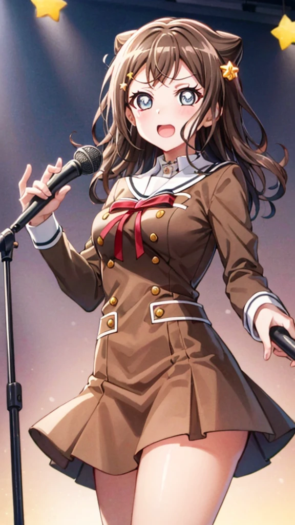 {{{masterpiece}}}, {{{best quality}}}, {{ultra-detailed}}, {illustration}, {{an extremely delicate and beautiful}}, (beautiful detailed eyes:1.6), extremely detailed face, 8k, anime face, BREAK, toyama kasumi(BanG Dream!), cute face, brown hair, cone hair bun, star hair ornament, medium breasts, thin waist, big hips, curvaceous, {school uniform}, {Hanasakigawa Girls' Academy High School Uniform(Winter clothes)}, neck ribbon, red ribbon, brown dress, white sailor collar, brown shirt, double-breasted, long sleeves, brown skirt, black socks, loafers, brown footwear, BREAK, live stage, on stage, playing the guitar, singing, performance, holding instrument, electric guitar(RANDOM STAR), red guitar, black guitar strap,  backlights, illumination