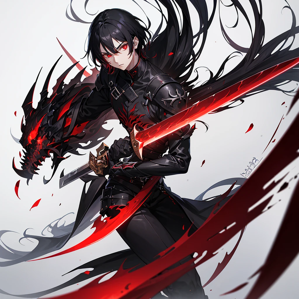 (a 15 year old teenager),(masculine)(black hair),(scarlet eyes),(red aura),(gloomy background),(holds a long black-bladed sword),(blade full of macabre and red eyes)