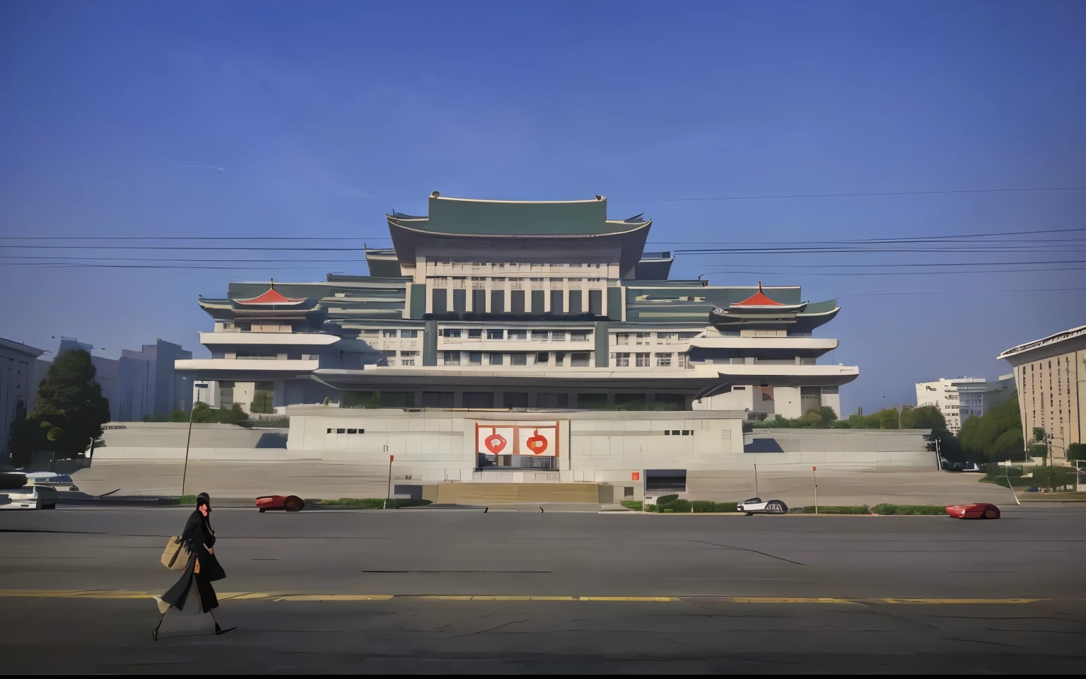 The Arav building has a large entrance，A woman is crossing the street, Pyongyang, Pyongyang city, north, trampling over Pyongyang, north propaganda style, monster destroying Pyongyang, Front view, Front view, Front view, Full view, Front view, Kim Jong-ki style, Broad View