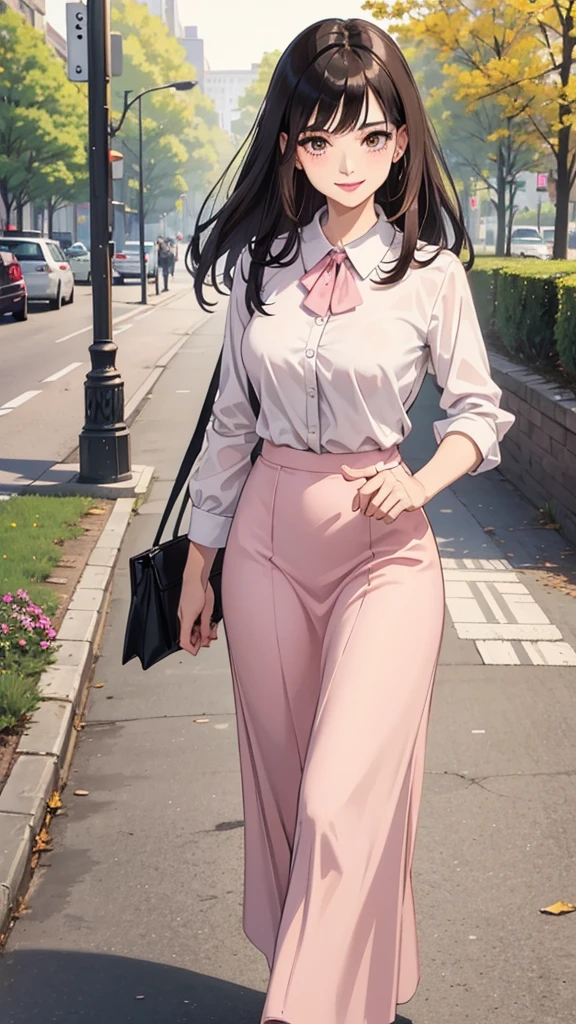 Woman. dark hair. eyes browns, social dress, walking in a park. smirk on face, a bag with magazines, libero, light pink lipstick, happy looking, formal blouse, longskirt, answer in hand