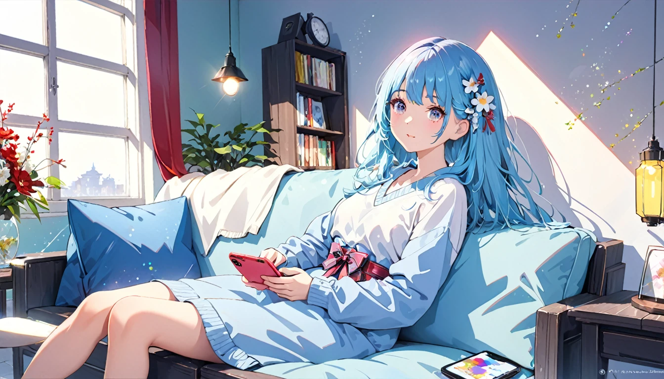 (Absurd:1.1, High resolution:1.1, 超detailed:1.1), 非常にdetailedな, 超detailed hair, (Fine grain:1.4), (Shining Eyes:1.3), thin, cute, Perfectly symmetrical face, narr○w waist, 超cute girl, 超cute face, 超cute, Super beautiful, Beautiful colors, merry (Yanmar gauge),From wlop,((Great quality)), (Beautiful legs), Sitting, smartphone, Upper body rest (Beautiful colors,detailed,Highest quality,Great quality,so beautiful), sweater, sofa, Lighting and Shadows(perspective), Lighting particles, colorful, masterpiece, Stylish room,