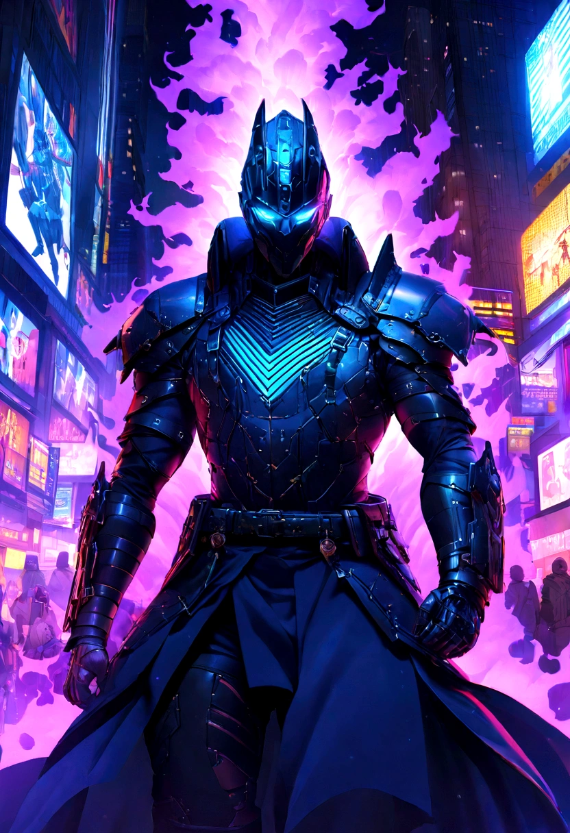 (Highly detailed 8k wallpaper), Cyberpunk's terrifying Grimm disguised as cybernetic templars、A well-drawn medium shot of a shadow wearing Marvel's colorful mist armor., Cyberpunk Theme, Complex, High detail, dramatic, Neon city lights in the background、super high quality、Ultra HD、4k、8k、aura、dust