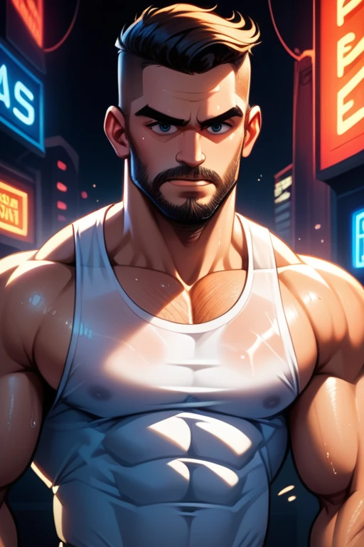 45 year old man(cobalt eyes; middle-aged; salt-and-pepper crew cut; epic square jawline; rough; rugged; muscular and imposing; incredible beard; masculine; round-faced, Kurt Russell), Disney-style cgi, futuristic; dystopian; best quality; high detail; trending on artstation; complex volumetric lighting; grungy white tank top; 80s action hero; sweaty; grimy; upper body shot; cop who plays by his own rules; holding up a blaster in a neon-lit bar