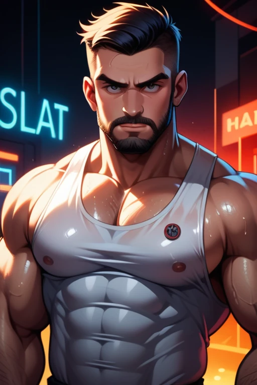 45 year old man(cobalt eyes; middle-aged; salt-and-pepper crew cut; epic square jawline; rough; rugged; muscular and imposing; incredible beard; masculine; round-faced, Kurt Russell), Disney-style cgi, futuristic; dystopian; best quality; high detail; trending on artstation; complex volumetric lighting; grungy white tank top; 80s action hero; sweaty; grimy; upper body shot; cop who plays by his own rules; holding up a blaster in a neon-lit bar
