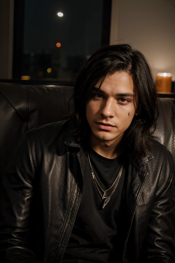 a young man, wearing a black leather jacket, with a battered face, in sofa home, at night, Selfi role 