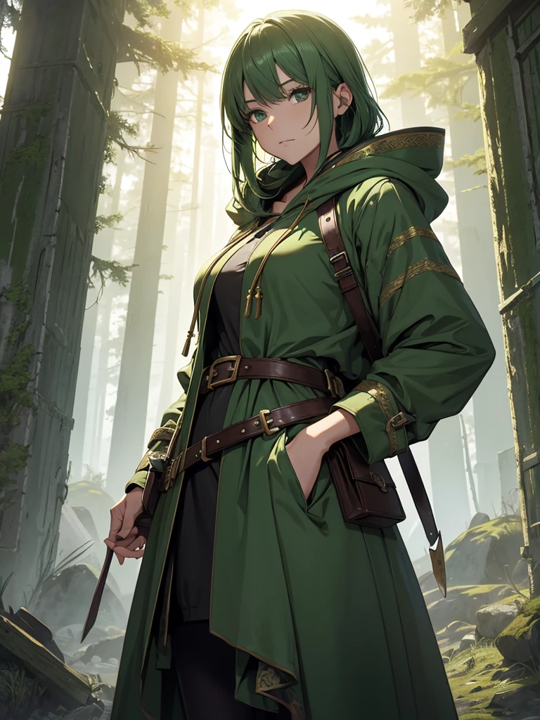 (​masterpiece、top-quality、hight resolution、Unity 8k Wallpaper、extremely details CG:1), Full body portrait of the character "Pilgrimage in Green Clothing" from "Dark Souls 2." She wears a long green hooded robe with intricate gold patterns. She has a blank, mechanical expression, indicating that she has endured numerous years. The image is taken from an angle that shows her face at a slight angle from the front, with a small leather pouch hanging from her belt. The background is a desolate wilderness with a few shacks and should be set during sunset.