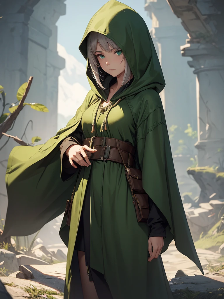 (masterpiece、top-quality、hight resolution、Unity 8k Wallpaper、extremely details CG:1), Full body portrait of the character "Pilgrimage in Green Clothing" from "Dark Souls 2." She wears a long green hooded robe with intricate gold patterns. She has a blank, mechanical expression, indicating that she has endured numerous years. The image is taken from an angle that shows her face at a slight angle from the front, with a small leather pouch hanging from her belt. The background is a desolate wilderness with a few shacks and should be set during sunset.
