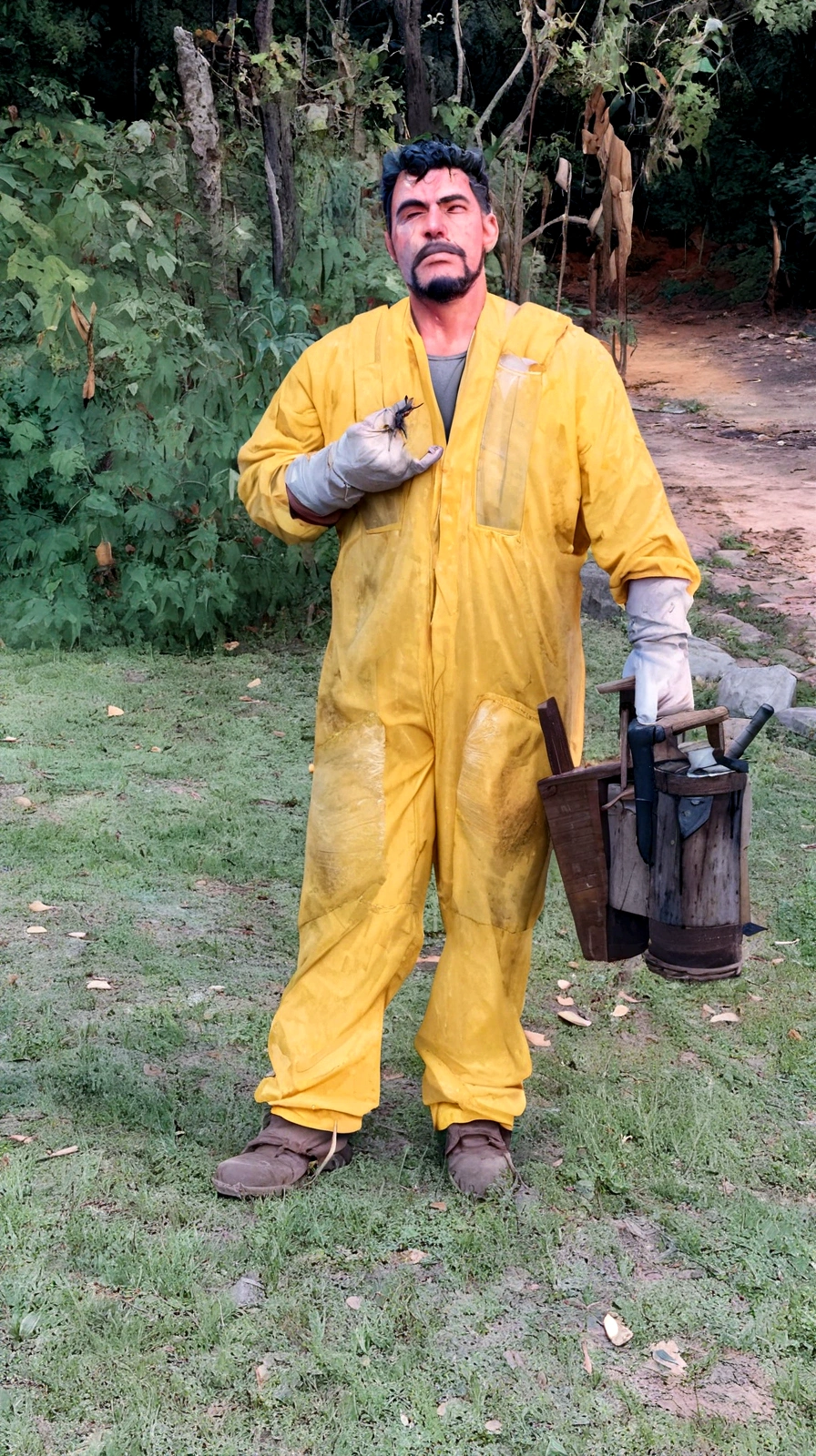 sharp man in yellow overalls holding a beekeeping fumigator, wearing beekeeper costume, sweaty and raw pioneering work.