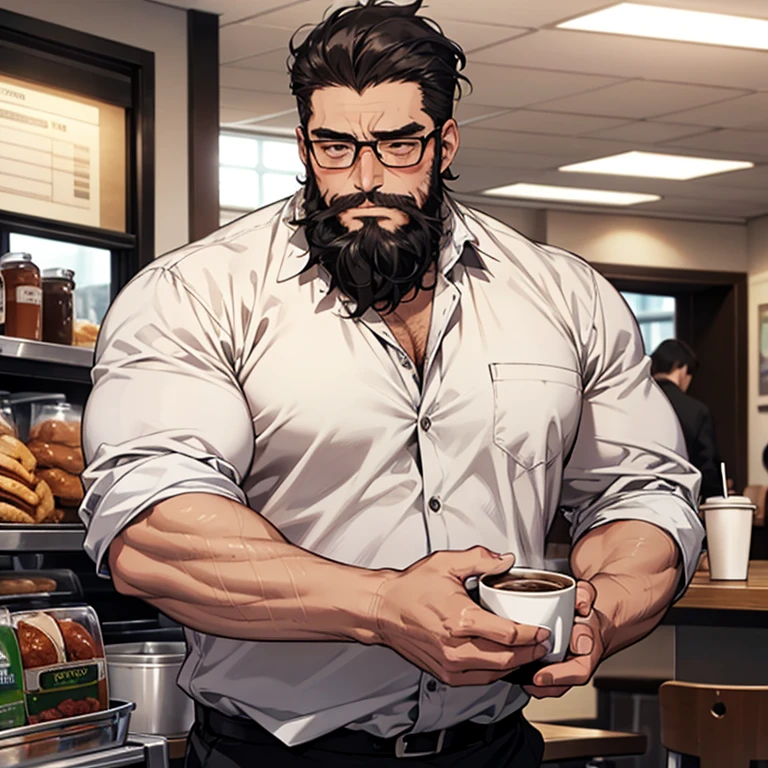 1 male, dilf, 45 years old, bara, wrinkles, glasses, big guy, muscles, black hair, some beard, office uniform, blushing, cafeteria background, shy expression, looking away, buying coffee