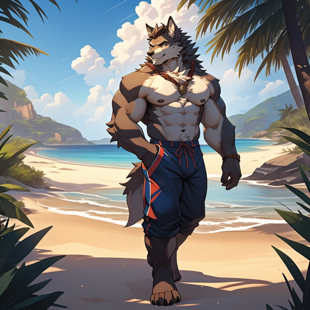 A wolfman, with his genitals and pants lifted up, standing on a sandy beach. The wolfman is extremely detailed and well-proportioned, showcasing the mastery of the artwork. He is wearing swim trunks and his hair is elegantly styled in an updo. The background is a simple yet picturesque beach scene, with sandy dunes and the soft, dappled light of the sun. The lighting is natural and beautifully rendered, creating a realistic and immersive feel. The art style is reminiscent of Jimmy Law's signature style. The image quality is of the highest standard, with a resolution of 4K or 8K, presenting every minute detail. The rendering technique used is Redshift, providing stunningly realistic and professional results. The color tone is vibrant and vivid, enhancing the overall impact of the image. The prompt captures the essence of the wolfman's physique, the tranquil beach setting, and the artist's skill in bringing these elements together.