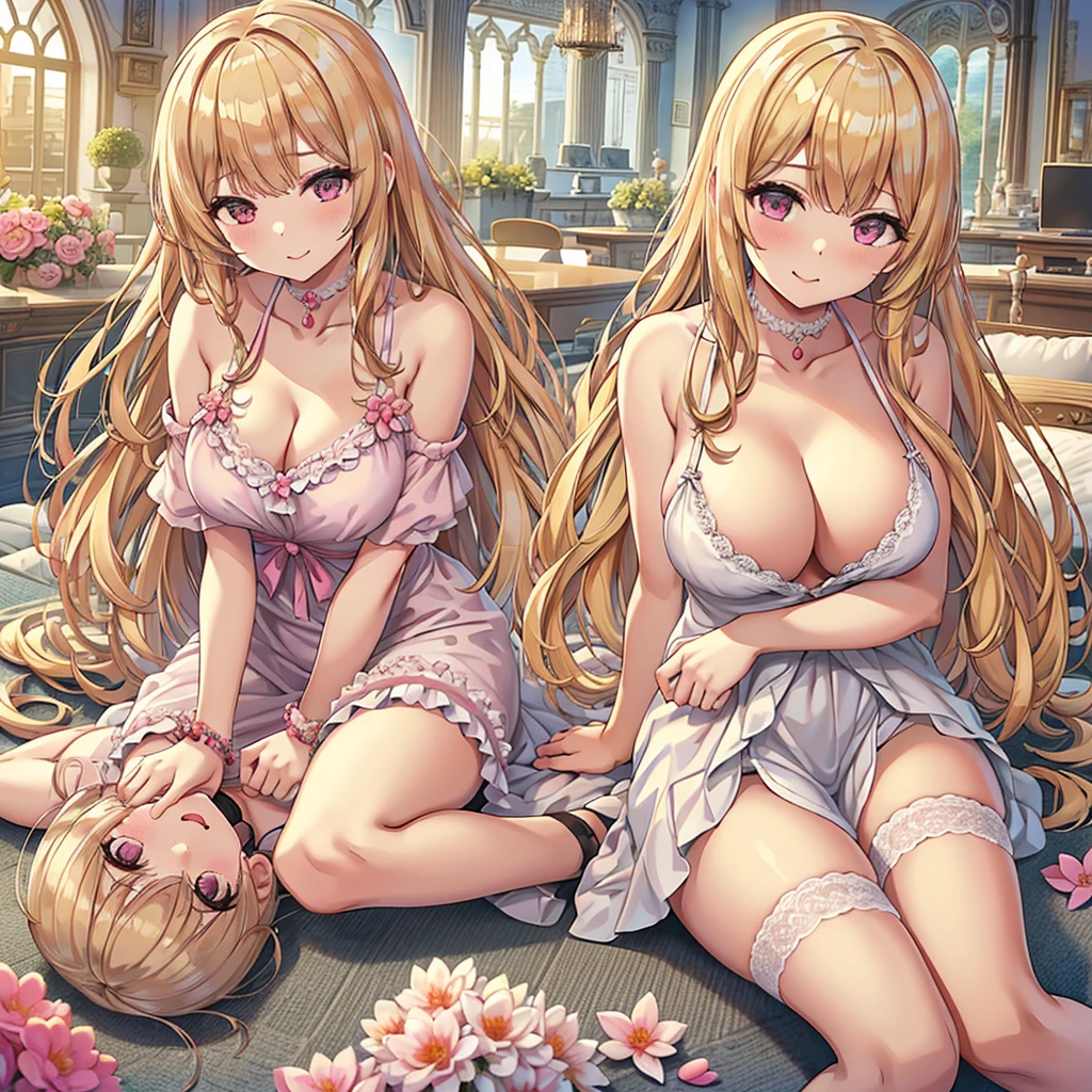 Masterpiece、Highest quality、Super detailed、1 girl、Big Tits、Cleavage、Blonde、Fluffy and soft long hair、Pink bristles、No bra、classroom、Light of the sun、smile、choker、Pink Lipstick、garter、Lying down、Embarrassed face、