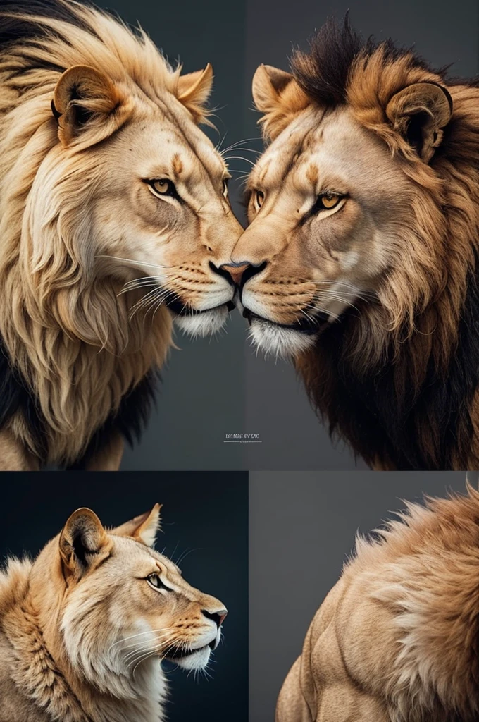 "Create an image of a majestic lion and a fierce wolf in direct confrontation. The image must be of maximum quality, with advanced levels of detail, from the animals' fur to their intense facial expressions. Use a cinematic style, with dramatic lighting and a background that highlights the tension and grandeur of the scene. Capture the exact moment of the collision, showing the strength and agility of both animals."