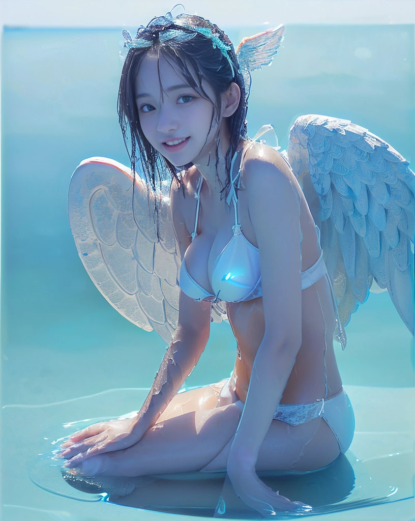 (NFSW)、(High resolution:1.5)、Highest quality,Very detailed,masterpiece,Super detailed,alone,(A front view of a -yeld id,((White micro-tube-top:1.5)),Super beautiful girl、((Angel wings on the back: 1.5))、(Angel hair ornament on head)、Seraphim, ((白いmicro-bikini-panties:1.5)),  smile, (((barefoot)))、((White micro-string-panties are visible:1.5))、(The  are very very big)、((Marine blue, crystal clear sea))、Summer sun、はしゃいだsmile、Beautiful Eyes、((Sitting with legs apart in the sparkling marine blue water:1.5))、(((Big Tits)))、(((Pose to emphasize large breasts 1.5)))、((Big breasted 12 year odol))、((Poses that emphasize big breasts))、((Very big boobs)).A beautiful girl with an innocent face、(straight-on:1.5) 、(((With both knees up、Open legs to show panties: 1.5)))、(((reflected in water:1.5))) 、(((front view:1.5)))、Angel wings on the back、Angel crown on head