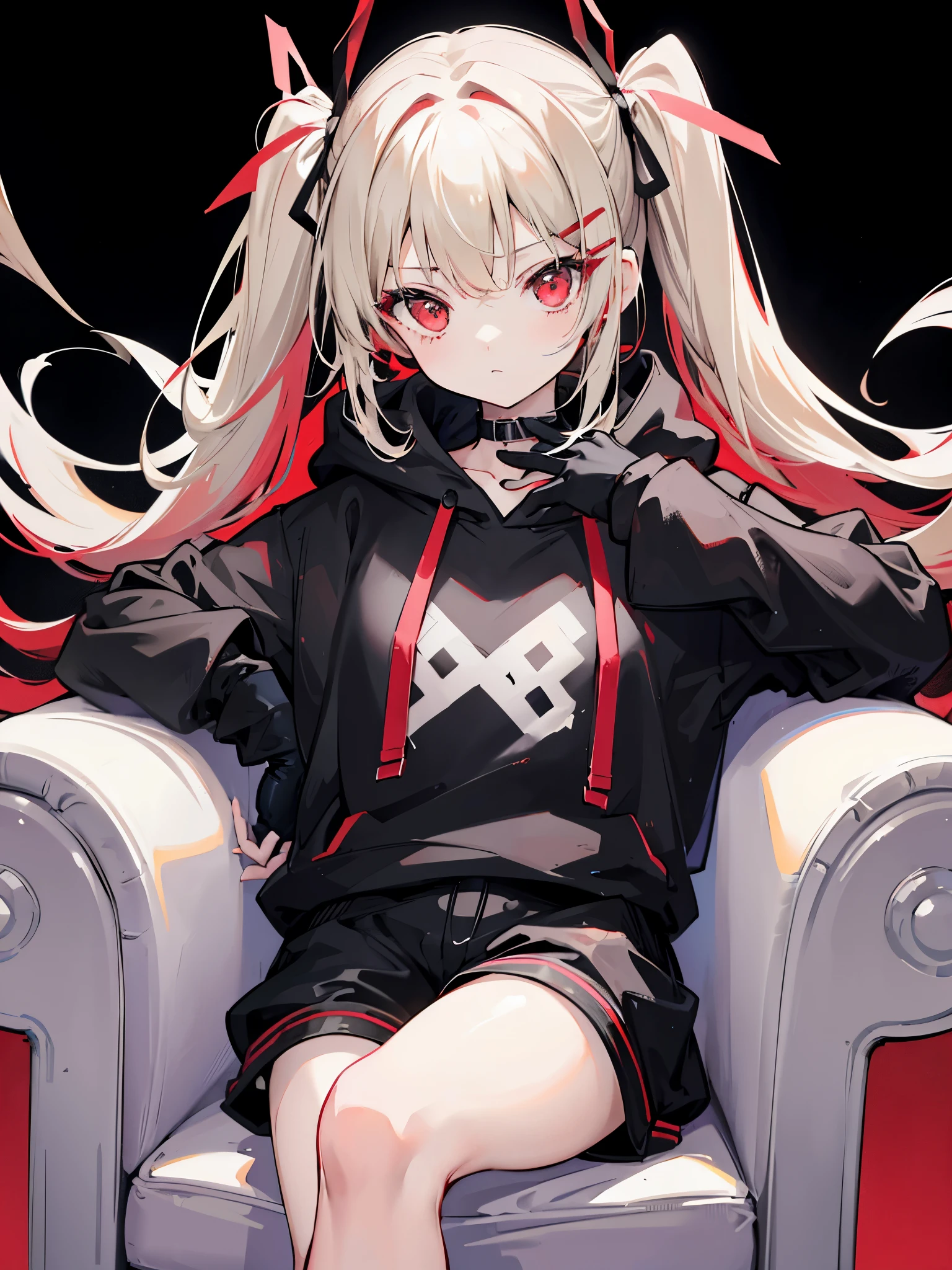 One girl、Hair colorbeige、Red eyes、Twin tails、Long Hair、Simple hair ribbon、Monochrome clothes、Big hoodie、Black gloves、Simple background、Shorts、Big chair