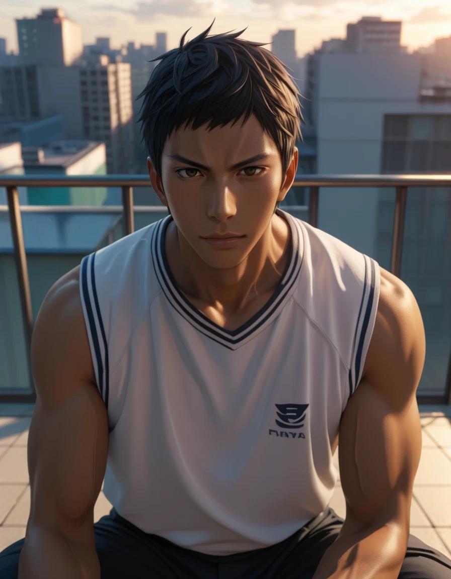 score_9, score_8_up, score_7_up, Handsome Aomine Daiki ,1boy legs ,pov , dark skin ,rooftop