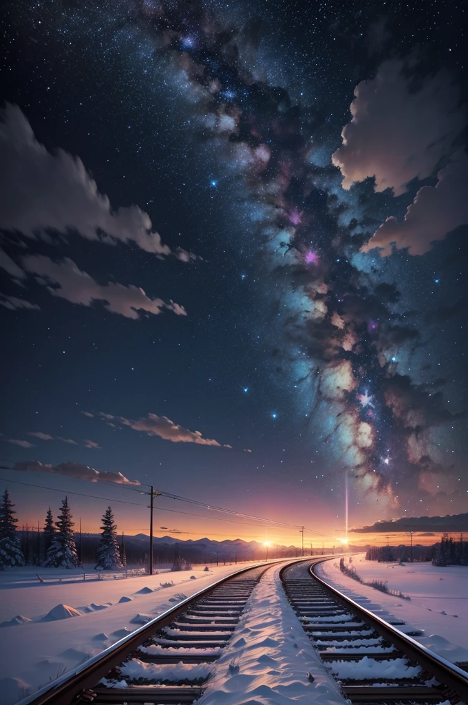 In a tranquil winter night, under the ethereal glow of a cosmic sky, a train glides gracefully along snow-covered tracks. The scene unfolds with Makoto Shinkai's signature magic realism, where the train itself seems alive with a quiet, mysterious energy. The landscape is painted in shades of deep blues and purples, reminiscent of a galaxy painted across the heavens. There are no humans in sight, only the silent companionship between the train and the vast, starlit sky. This evokes the essence of Makoto Shinkai's renowned anime backgrounds, capturing a moment of serene beauty and cosmic wonder.