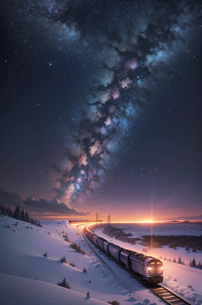 In a tranquil winter night, under the ethereal glow of a cosmic sky, a train glides gracefully along snow-covered tracks. The scene unfolds with Makoto Shinkai's signature magic realism, where the train itself seems alive with a quiet, mysterious energy. The landscape is painted in shades of deep blues and purples, reminiscent of a galaxy painted across the heavens. There are no humans in sight, only the silent companionship between the train and the vast, starlit sky. This evokes the essence of Makoto Shinkai's renowned anime backgrounds, capturing a moment of serene beauty and cosmic wonder.