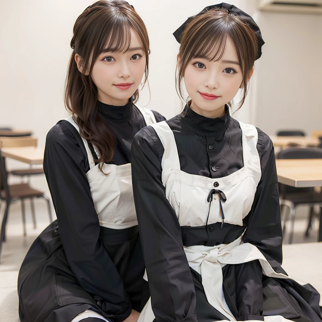 In 8K,Highest quality:1.4, Ultra-high resolution:1.5, (Realistic:1.4),masterpiece:1.2,(Highest quality:1.4)、 RAW Photos、 (The background is blurred),  1 Japanese girl, cute, (alone:1.4), (A shy smile), Smooth Skin、 (Brown medium hair,bangs),Nogizaka,Flexible fingertips,Beautiful dark eyes、dual、Natural skin texture:1.3, Realistic eye and facial details:1.7、Mid-breasted、Daytime、Tight ass:1.5、Staring at the audience,photographer５Step back, Hilarious,(Maid:1.2),bow,Long sleeve, Black sleeves,(Black checked long tights:1.5),Maidの頭飾り,Maid apronl,cafeteria,Upper Body:1.8,(Fine hair:1.1), (Fine grain:1.1)