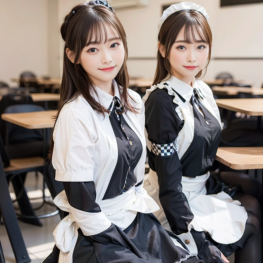 In 8K,Highest quality:1.4, Ultra-high resolution:1.5, (Realistic:1.4),masterpiece:1.2,(Highest quality:1.4)、 RAW Photos、 (The background is blurred),  1 Japanese girl, cute, (alone:1.4), (A shy smile), Smooth Skin、 (Brown medium hair,bangs),Nogizaka,Flexible fingertips,Beautiful dark eyes、dual、Natural skin texture:1.3, Realistic eye and facial details:1.7、Mid-breasted、Daytime、Tight ass:1.5、Staring at the audience,photographer５Step back, Hilarious,(Maid:1.2),bow,Long sleeve, Black sleeves,(Black checked long tights:1.5),Maidの頭飾り,Maid apronl,cafeteria,Upper Body:1.8,(Fine hair:1.1), (Fine grain:1.1)
