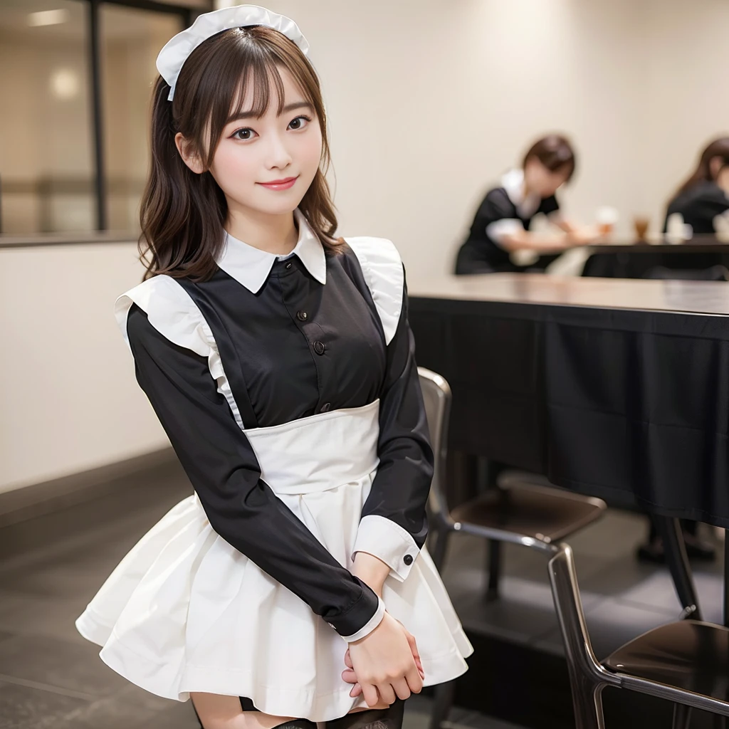 In 8K,Highest quality:1.4, Ultra-high resolution:1.5, (Realistic:1.4),masterpiece:1.2,(Highest quality:1.4)、 RAW Photos、 (The background is blurred), 1 Japanese girl, cute, (alone:1.4), (A shy smile), Smooth Skin、 (Brown medium hair,bangs),Nogizaka,Flexible fingertips,Beautiful dark eyes、dual、Natural skin texture:1.3, Realistic eye and facial details:1.7、Mid-breasted、Daytime、Tight ass:1.5、Staring at the audience,photographer5Step back, Hilarious,(Maid:1.2),bow,Long sleeve, Black sleeves,(Black checked long tights:1.5),Maidの頭飾り,Maid apronl,cafeteria,Upper Body:1.8,(Fine hair:1.1), (Fine grain:1.1)