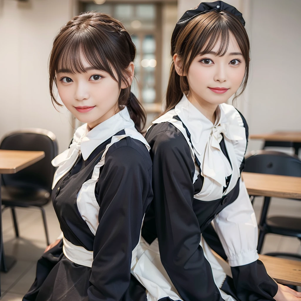 In 8K,Highest quality:1.4, Ultra-high resolution:1.5, (Realistic:1.4),masterpiece:1.2,(Highest quality:1.4)、 RAW Photos、 (The background is blurred),  1 Japanese girl, cute, (alone:1.4), (A shy smile), Smooth Skin、 (Brown medium hair,bangs),Nogizaka,Flexible fingertips,Beautiful dark eyes、dual、Natural skin texture:1.3, Realistic eye and facial details:1.7、Mid-breasted、Daytime、Tight ass:1.5、Staring at the audience,photographer５Step back, Hilarious,(Maid:1.2),bow,Long sleeve, Black sleeves,(Black checked long tights:1.5),Maidの頭飾り,Maid apronl,cafeteria,Upper Body:1.8,(Fine hair:1.1), (Fine grain:1.1)