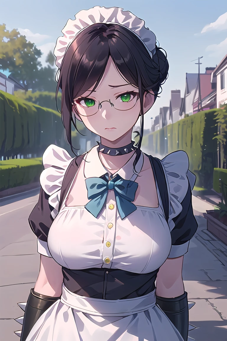 highres, sharp focus, pixiv masterpiece, ((intricate details)), highly detailed, upper body, standing, yuri alpha, 1girl, black hair, (blue bowtie:1.3), (green wristband, green gauntlets, spikes:1.1), glasses, green eyes, maid, single hair bun, dress, choker, maid apron, outdoors, grey eyes, big breasts