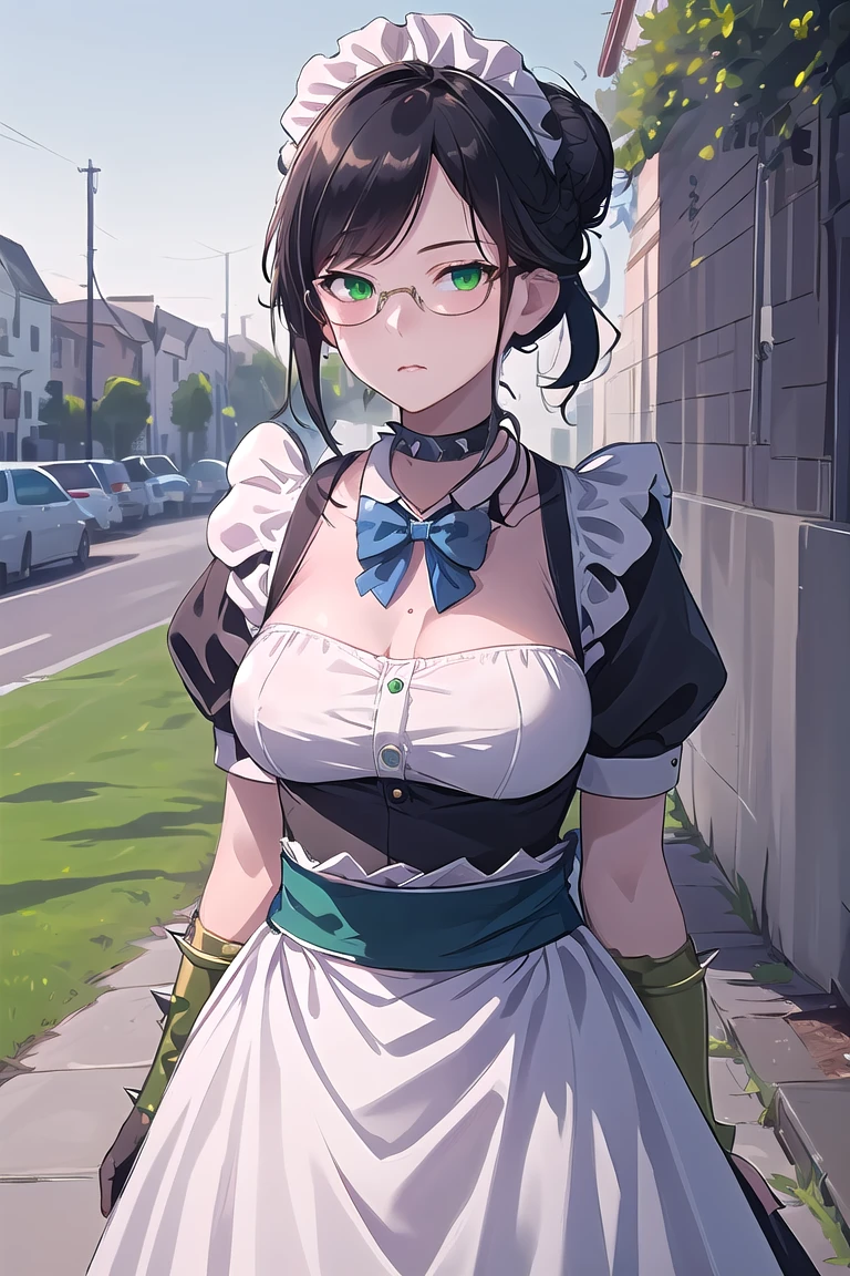 highres, sharp focus, pixiv masterpiece, ((intricate details)), highly detailed, upper body, standing, yuri alpha, 1girl, black hair, (blue bowtie:1.3), (green wristband, green gauntlets, spikes:1.1), glasses, green eyes, maid, single hair bun, dress, choker, maid apron, outdoors, grey eyes, big breasts