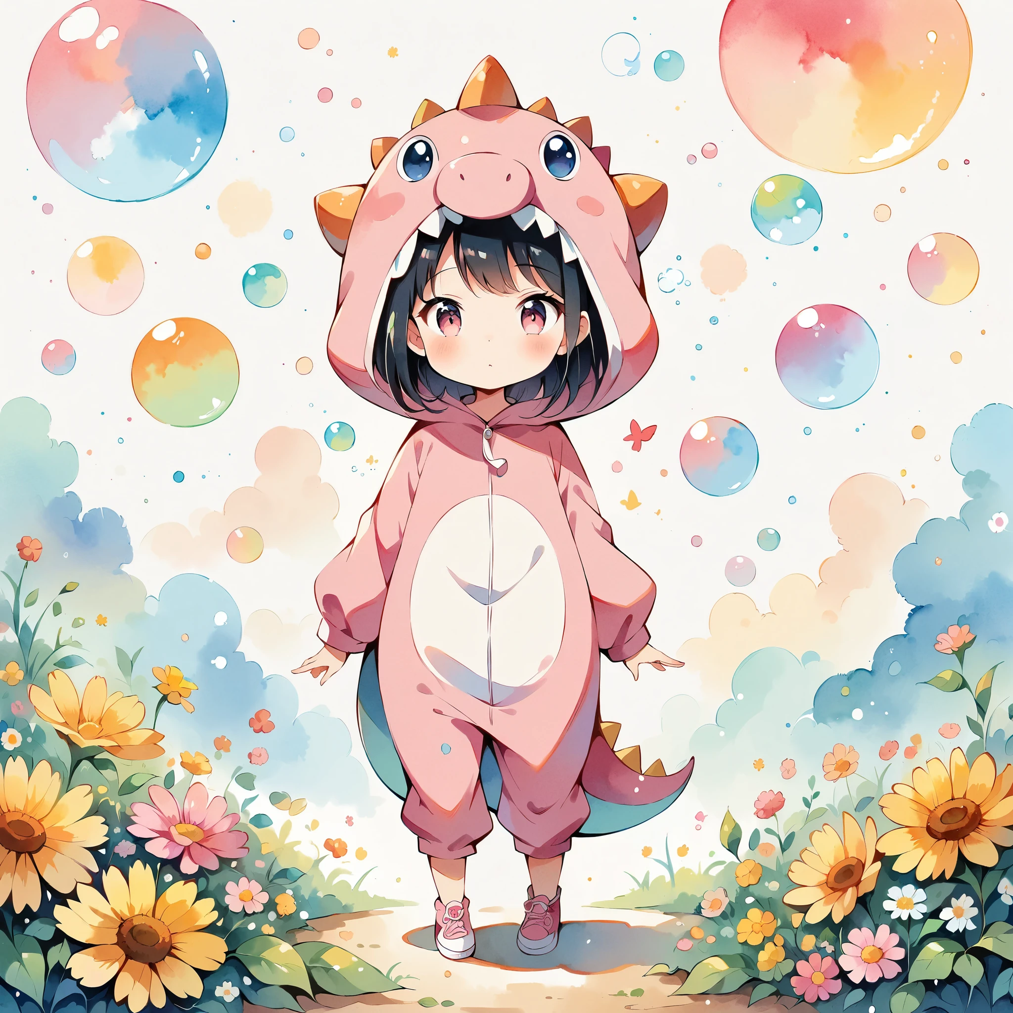 (Anime Style:1.2, masterpiece:1.2),(((1 Girl))),((Little, Full body view))), ((A girl in a pink dinosaur costume:1.2)), watercolor, Simple illustration, Flower Storm, Colorful water bubbles, 