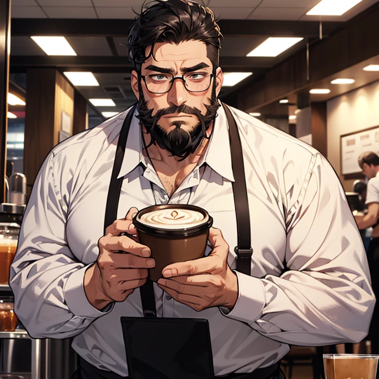 1 male, dilf, 45 years old, bara, wrinkles, glasses, big guy, muscles, black hair, some beard, office uniform, blushing, cafeteria background, shy expression, looking away, buying coffee, pov barista 