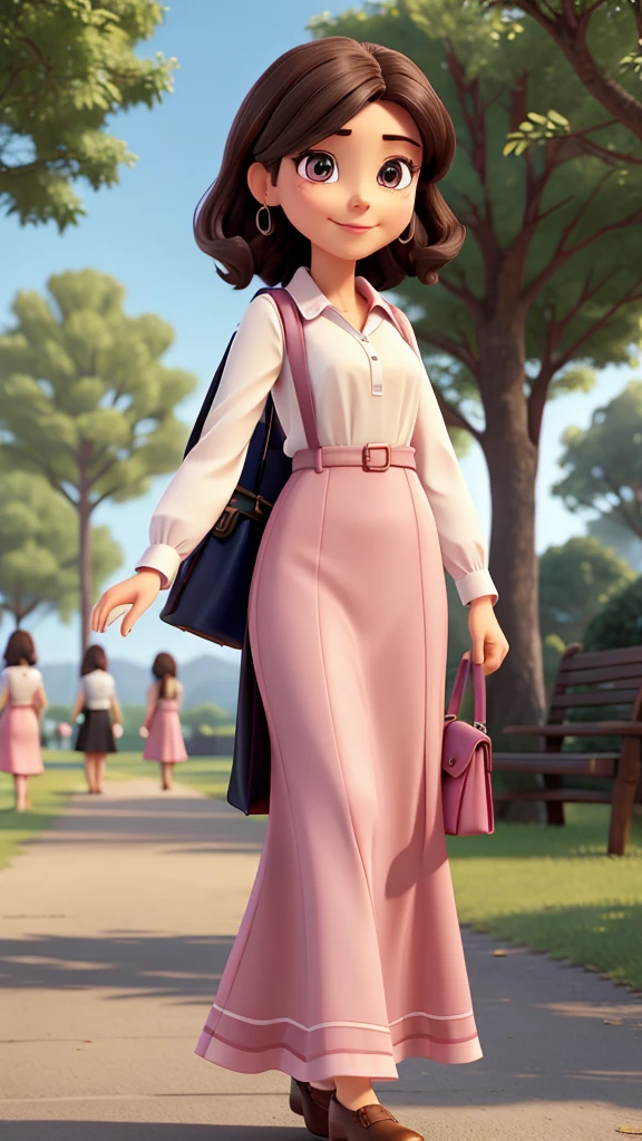 Woman. dark hair. eyes browns, social dress, walking in a park. smirk on face, a bag with magazines, libero, light pink lipstick, happy looking, formal blouse, longskirt, umbrella in hand