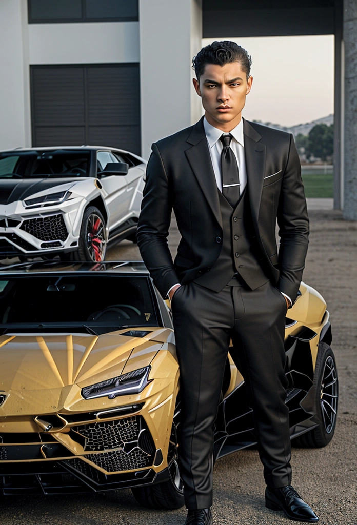 white caucasian young man, short curly hair, confident,standing in front of a ((lamborghini urus)), well dressed in a black suit, mafia style pose, distant from camera, cinematic background, model pose, realistic, clicked with Kodak Ultra F9 35mm Film Camera, black and white filter,
