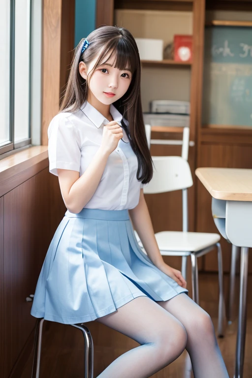 high school girl、Light blue mini skirt、stockings、See-through、sit